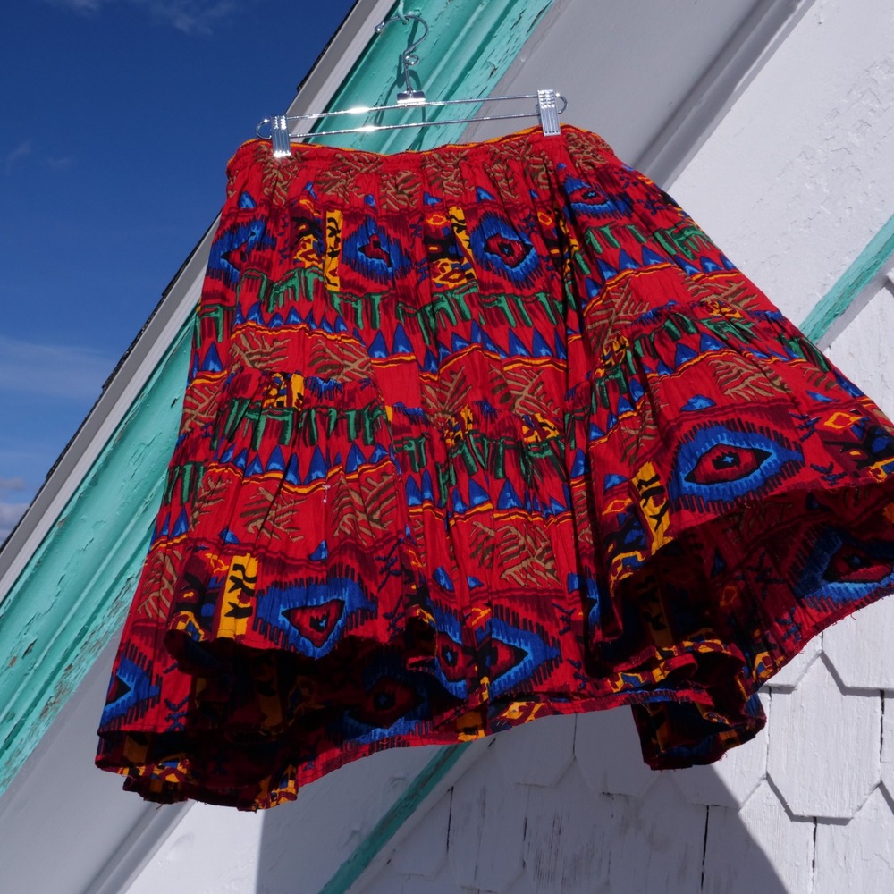 90s southwest‎ print crinkle pleated cotton western skirt - Picture 7 of 8